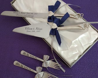 Laser engraved, personalized double heart handle wedding knife-cake server and forks set, Navy blue bow, Wedding, Anniversary, Bridal gift
