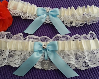 White Lace garter set, center ivory satin, light blue bow, Rhinestone, Laser engraved tag, Wedding garter set, Prom garter, Custom garter