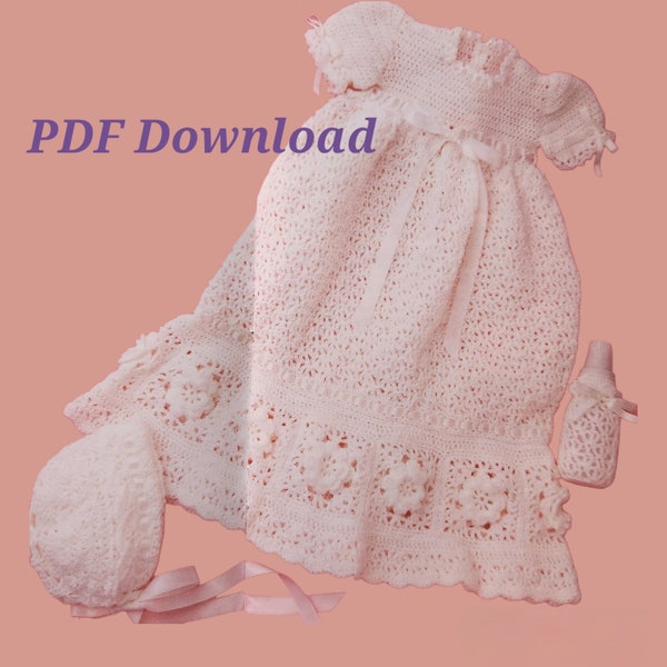 Vintage Heirloom Blessing Christening 3 Piece Dress Gown Crochet Pattern PDF download for Christmas baby shower gift kids childrens crochet