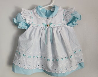 Vintage Baby Girl Dress for special occasions spring summer birthday Easter Baby shower gift photo shoots in blue aqua and white