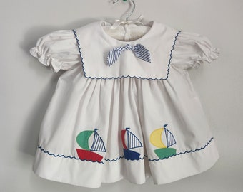 Vintage Baby Girl Dress for special occasions spring summer birthday Easter Baby shower gift photo shoots in blue and white boats sailor