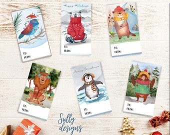 Watercolor Animal Christmas Gift Tags, Christmas Tags, Printable Gift Tags, Digital Download, Happy Holidays, Merry Christmas, Xmas Gift Tag