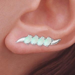 Opal Ear Climber Earrings: Sterling Silver Ear Pin, Pierced or Non-Pierced