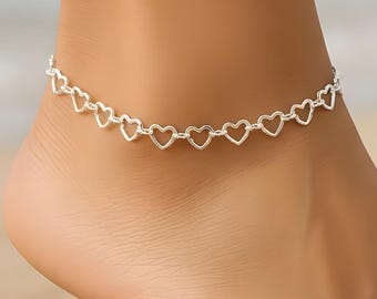 Heart Anklet Sterling Silver - Interlocking Heart Chain Open Heart Necklace
