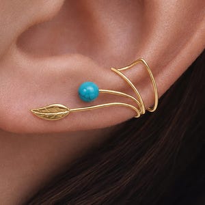 Turquoise Ear Cuff Leaf Wrap Earring Sterling Silver or Gold No Piercing