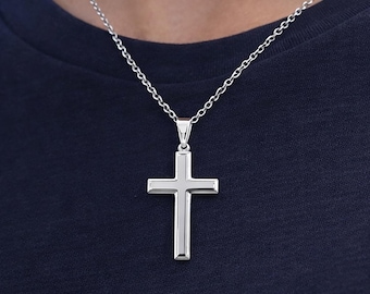 Cross Necklace Sterling Silver, High Polish Cross Pendant, Men's or Women's Cross, Optional Silver Chain, Classic Christian Cross Necklace