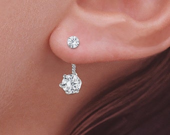 1 Carat Cubic Zirconia Illusion Earrings Sterling Silver - Cubic Zirconia Stones - Back to Front Earrings - Floating Illusion Earrings