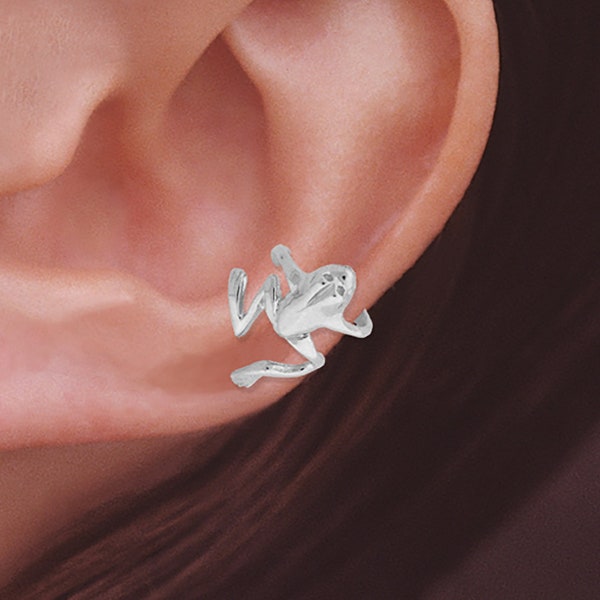 Frog Earcuff Earring Silver Cuffs on the Ear - Frog Ear Cuff 14k White Gold - Pierced or Non Pierced Ear - Mister Frog Earring Cuff