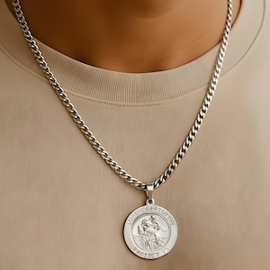 St Christopher Necklace 23mm Diameter Sterling Silver: St Christopher Pendant with 4mm Cuban Chain Option