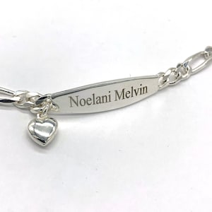 Engravable Sterling Silver Figaro Link Bracelet - Heart Dangle ID Bracelet
