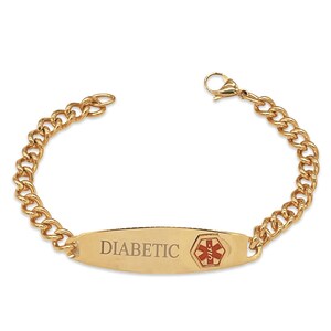 Diabetic Bracelet - Gold or Silver Tone Stainless Steel - Diabetic Alert ID Bracelet - 8 Inches Adjustable - Diabetic Engraved