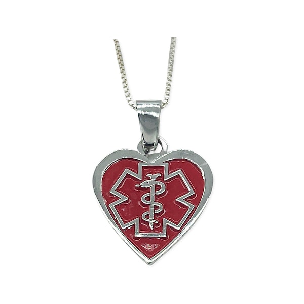 DIABETIC Heart Pendant - Medical Alert - Diabetic Notice - Solid Sterling Silver - Optional 18 inch Box Chain - Red Diabetic Notice Necklace