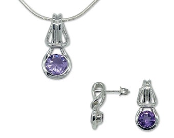 Genuine Round Gemstone Loveknot Pendant Earring Set - Sterling Silver - 18 Inch Round Snake Chain - Amethyst, Blue Topaz, Citrine or Garnet