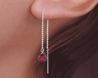 Threader Earrings -Sterling Silver - Thread Thru Your Piercings - Your Choice of Swarovski Birthstone Crystal