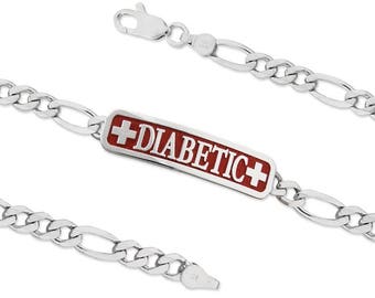 Pulsera de alerta médica para diabéticos en relieve: cadena Figaro de plata de ley