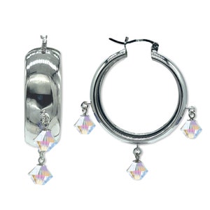 Swarovski Crystal Dangle Hoop Earrings: Sterling Silver Wide Hoops