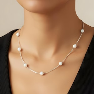 White Opal Station Necklace Sterling Silver – 8mm Opal Bead Rolo Chain Necklace 16 18 20 Inch, Minimalist Layering Jewelry Made in USA