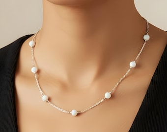 White Opal Station Necklace Sterling Silver – 8mm Opal Bead Rolo Chain Necklace 16 18 20 Inch, Minimalist Layering Jewelry Made in USA