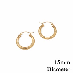 14k Yellow Gold Diamond Cut Hoop Earrings - 3mm