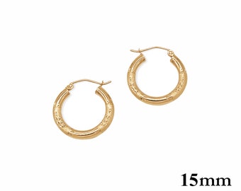 Diamond Cut Hoop Earrings 3mm Tube in Real 14kt Yellow Gold - Snap Latch - Lightweight and Comfortable Hollow Hoop Earrings in Real Gold