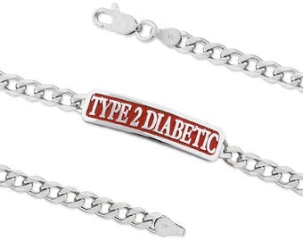 Type 2 Diabetic Bracelet- Sterling Silver - Medical Alert - ID Bracelet- 8 inches