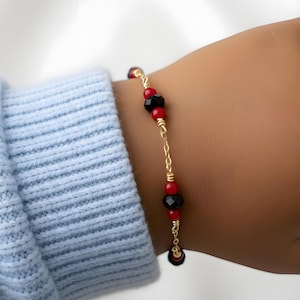 Baby Azabache Bracelet in 14kt Gold Filled w Red Coral Glass – Cuban Mal de Ojo Evil Eye Protection – 4mm Size Azabache Jet Stone