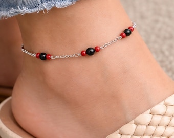 Tobillera de azabache y coral rojo en plata de ley – Joyería cubana de protección contra el mal de ojo de Jose Jay – Tobillera de azabache de 4,5 mm