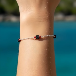 Azabache Bracelet 6mm Size Red Bead Sterling Silver: Evil Eye Protection, 2mm Rolo Chain, MADE IN USA