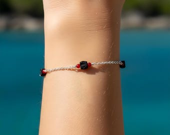 Azabache Bracelet 6mm Size Red Bead Sterling Silver: Evil Eye Protection, 2mm Rolo Chain, MADE IN USA