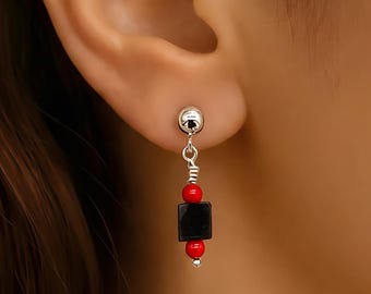 Azabache Earrings  Evil Eye Sterling Silver, Genuine Jet Black Azabache with Red Beads, Mal de Ojo Protection, Cuban Gift
