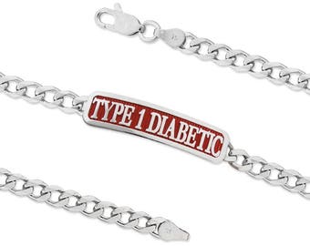 Type 1 Diabetic Bracelet- Sterling Silver - ID Bracelet - Medical Alert - 8 Inches