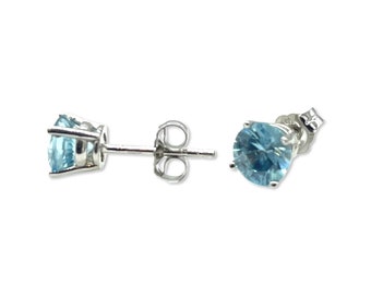 Blue Zircon Sterling Silver Stud Earrings: December Birthstone, MADE IN USA
