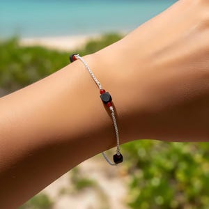 Azabache Bracelet 6mm Size Red Bead Bracelet Sterling Silver: Evil Eye Protection, 1.3mm Micro Rolo Chain, MADE IN USA