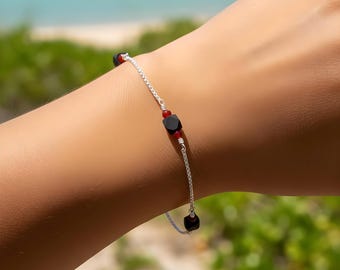 Azabache Bracelet 6mm Size Red Bead Bracelet Sterling Silver: Evil Eye Protection, 1.3mm Micro Rolo Chain, MADE IN USA