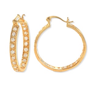 1.25 Carats Cubic Zirconia Hoop Earring -  Silver or Gold Over Silver - 3.50mm Width 28mm Diameter - Inside Outside CZ Hoop Earring