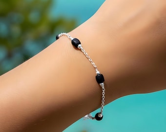 Silver Azabache Bracelet 6mm Size: Evil Eye Protection, 2mm Rolo Chain, Sterling Silver MADE IN USA