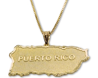 Solid 14k Gold Puerto Rico Island Pendant – Yellow or White Gold Map Charm, Optional Box Chain, Made in USA