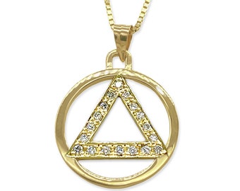 Diamond Sobriety Pendant - AA Pendant - Sobriety Charm - Recovery Pendant - 2 Sizes - 14k Yellow Gold - 12 Step Program