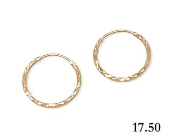 14k Gold Diamond Cut Endless Hoop Earrings - 1.5mm Thickness - 3 Sizes Available - 14k Yellow Gold - Diamond Cut Earrings - Snap Latch Catch