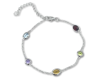 Sterling Silver Gemstone Station Bracelet Anklet: Garnet, Peridot, Topaz