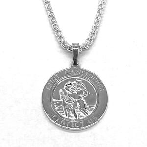 Sterling Silver Saint Christopher Medallion Necklace - 23mm
