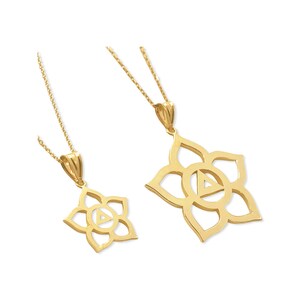 May include: Two gold necklaces with a lotus flower pendant. The pendant is a cutout design with a triangle in the center.