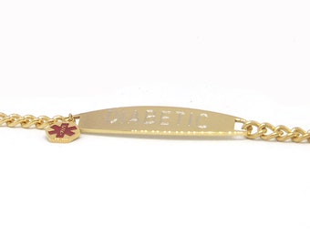 Diabetic Engraved- Stainless Steel Gold Tone- Medical Alert Notice - ID Bracelet- 7 Inches - Diabetic Bracelet