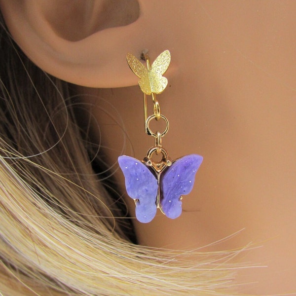 Butterfly Bright Purple Resin Drops on Hypoallergenic 18K Gold Butterfly Earrings, optimism chakra