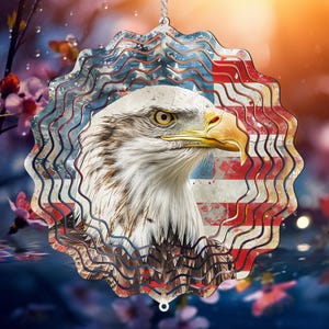 May include: A metal wind spinner with a distressed American flag design and a bald eagle image. The spinner has multiple layers and is designed to rotate in the wind.