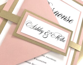 Complete Wedding Invitation Set in Blush Pink and Gold, Light Pink and Gold Pearl Traditional Wedding invites, Elegant, Classic Invites