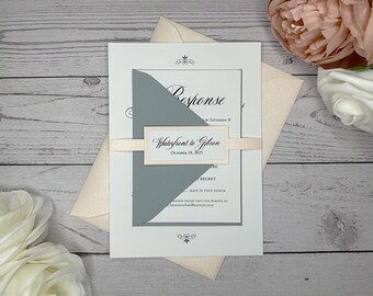 Dusty Blue Wedding Invitations: Elegant Script, Slate Blue & Ivory