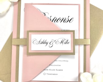 Blush Pink & Gold Wedding Invitation Suite: Classic Card, RSVP, Envelope Set