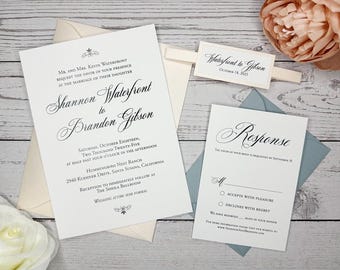 Dusty Blue Wedding Invitation Suite: Romantic Script, RSVP Card