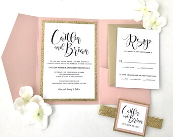 Blush Pink Pocket Card Enclosure Wedding Invitations with Gold Pearlescent Envelopes and GOLD GLITTER Belly Band and accent color, Modern